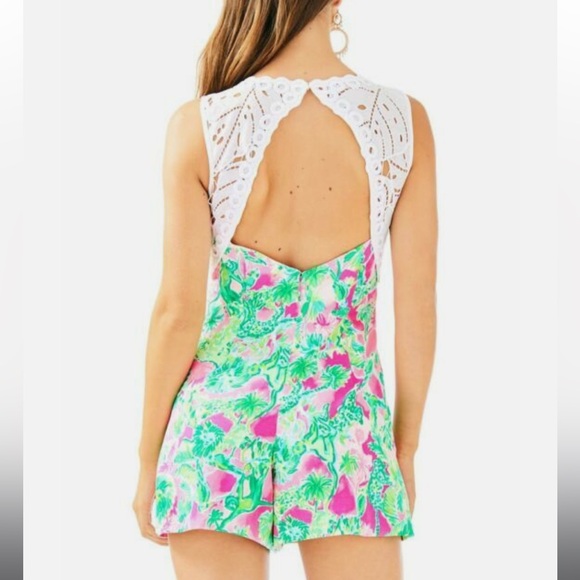 Lilly Pulitzer Pink and Green Romper Raz Berry Catty Shack Sadie Romper - Picture 3 of 13